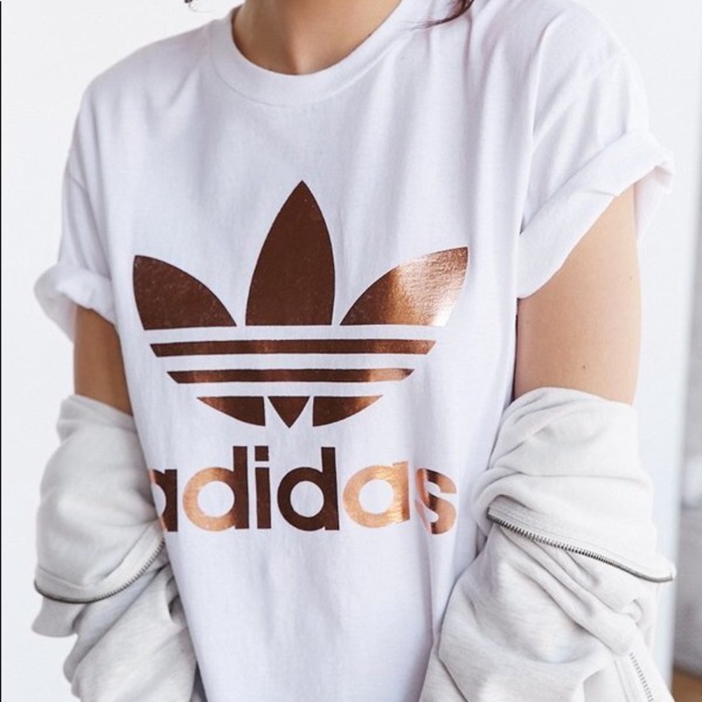 adidas rose gold double logo tee shirt